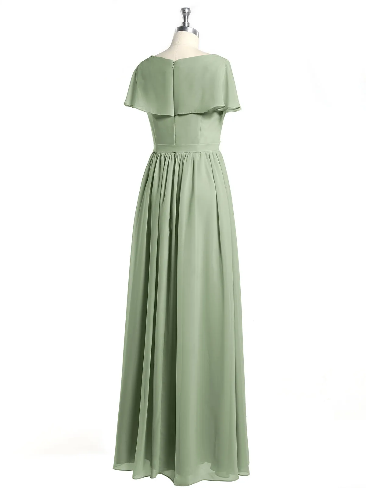 Cap Sleeves Long Chiffon Dresses with Slit-Dusty Sage Plus Size