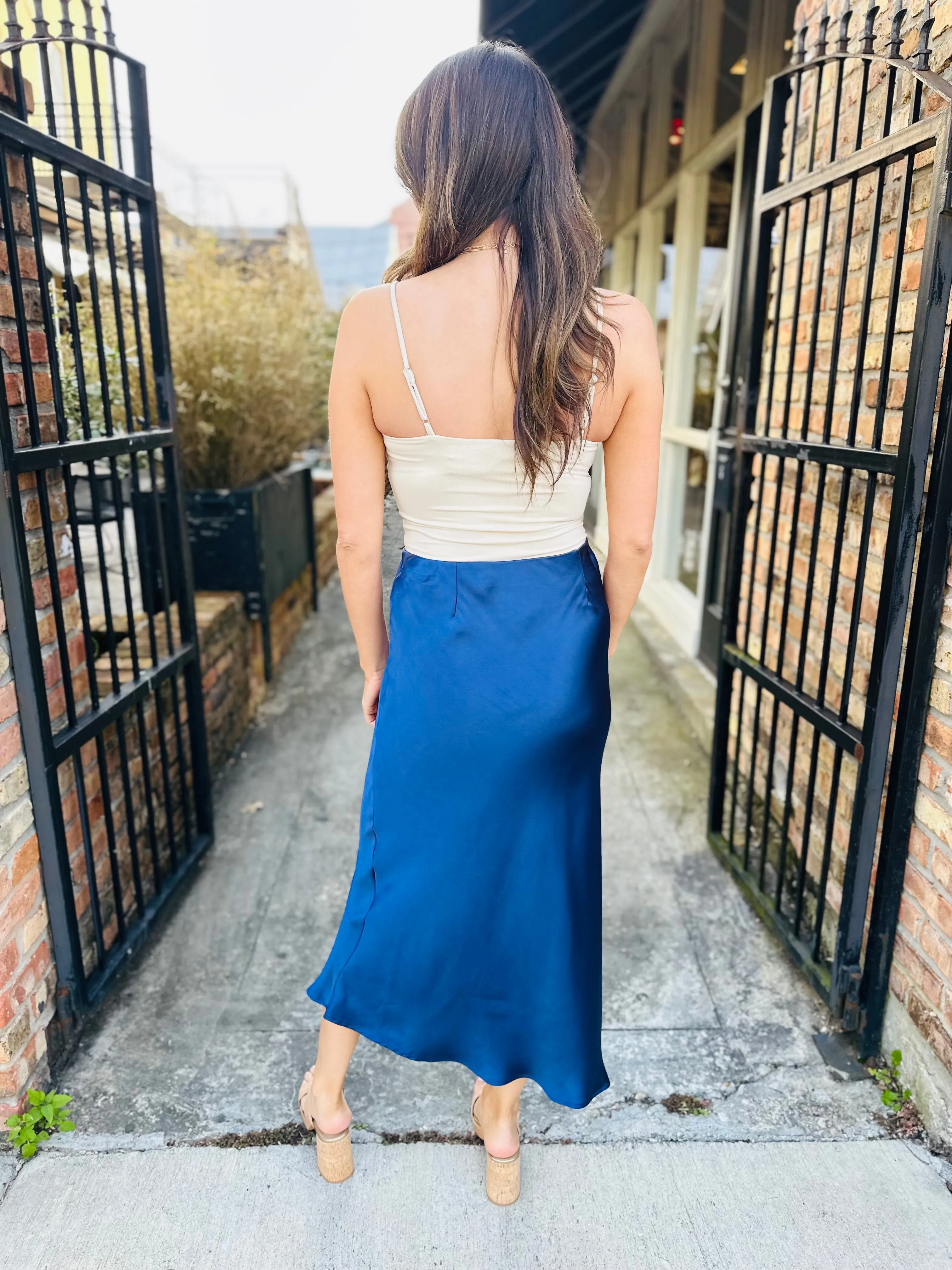Cara Satin Maxi Skirt- Dusty Indigo
