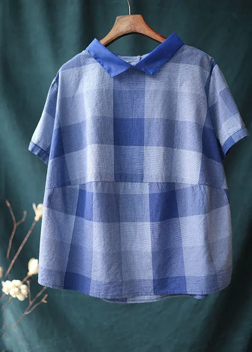 Chic Blue Plaid Peter Pan Collar Patchwork Linen Shirt Tops Summer LY6226