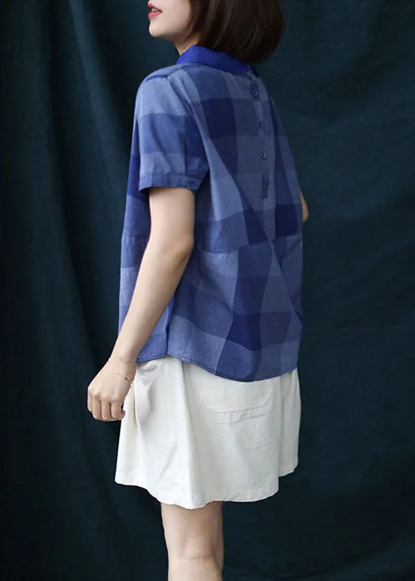 Chic Blue Plaid Peter Pan Collar Patchwork Linen Shirt Tops Summer LY6226