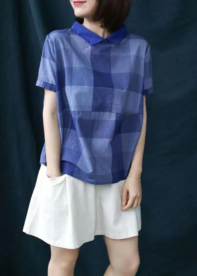 Chic Blue Plaid Peter Pan Collar Patchwork Linen Shirt Tops Summer LY6226