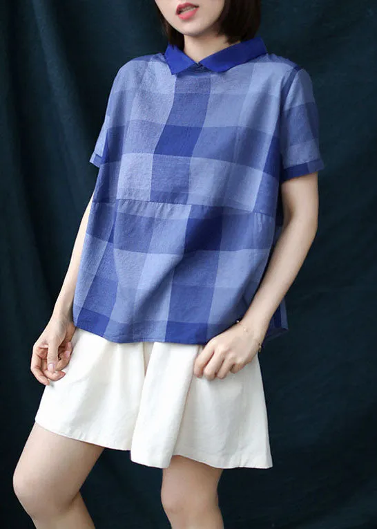 Chic Blue Plaid Peter Pan Collar Patchwork Linen Shirt Tops Summer LY6226