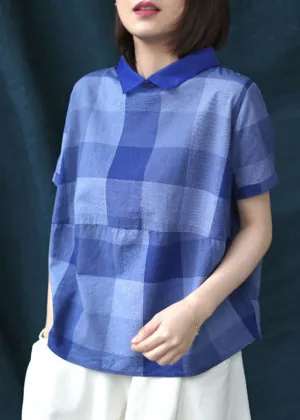 Chic Blue Plaid Peter Pan Collar Patchwork Linen Shirt Tops Summer LY6226