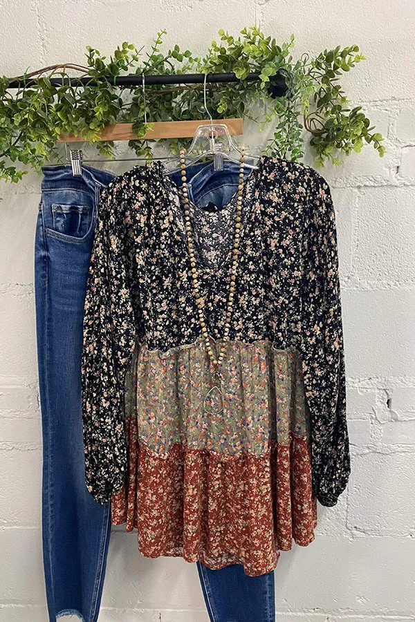 CHICMY- Women's Boho Shirts Casual V-Neck Floral Print Patchwork Loose Shirts Top