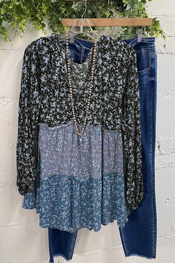 CHICMY- Women's Boho Shirts Casual V-Neck Floral Print Patchwork Loose Shirts Top