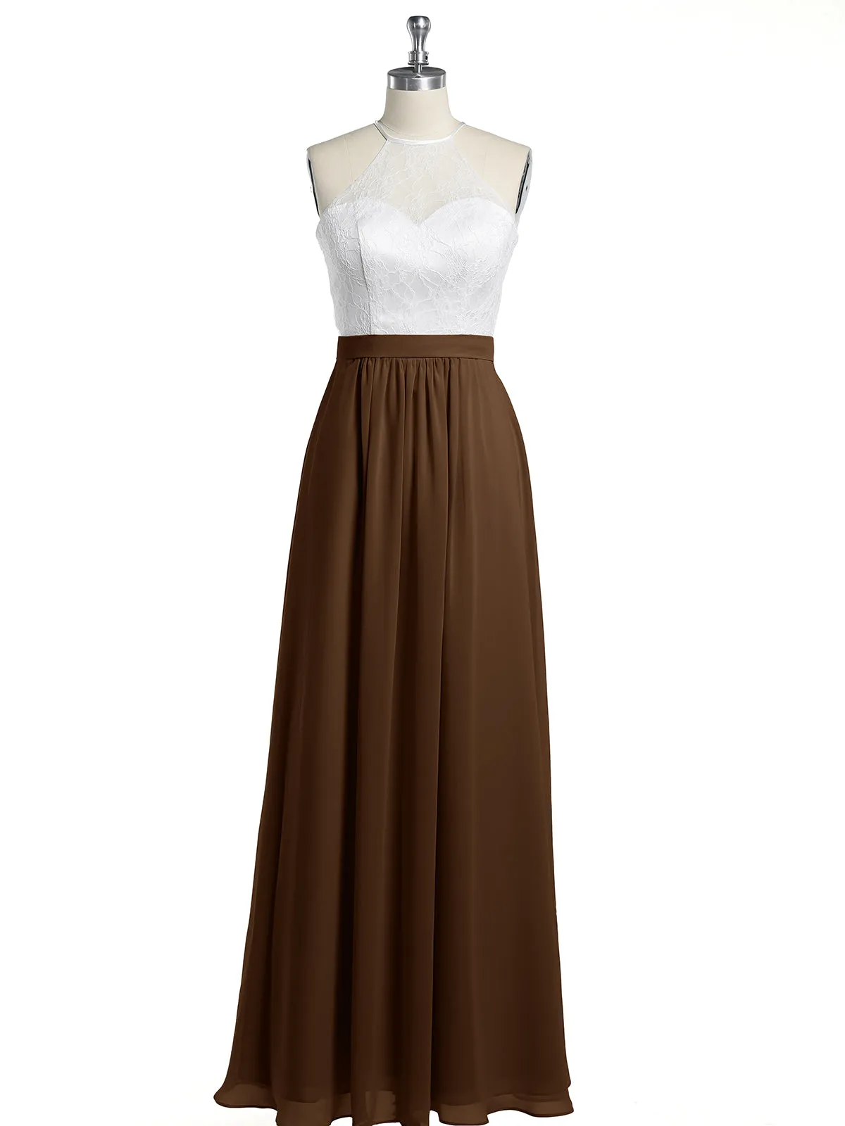 Chiffon Long Dresses with Ivory Lace Bodice-Brown Plus Size