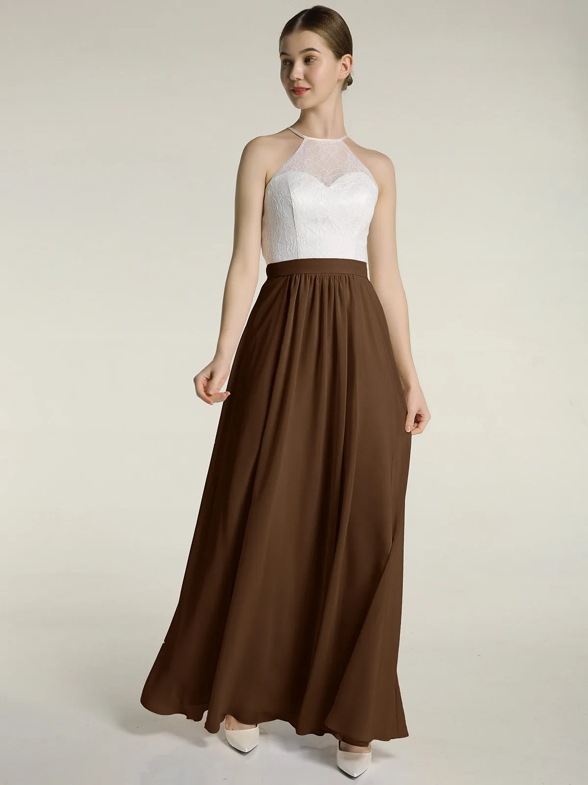 Chiffon Long Dresses with Ivory Lace Bodice-Brown Plus Size