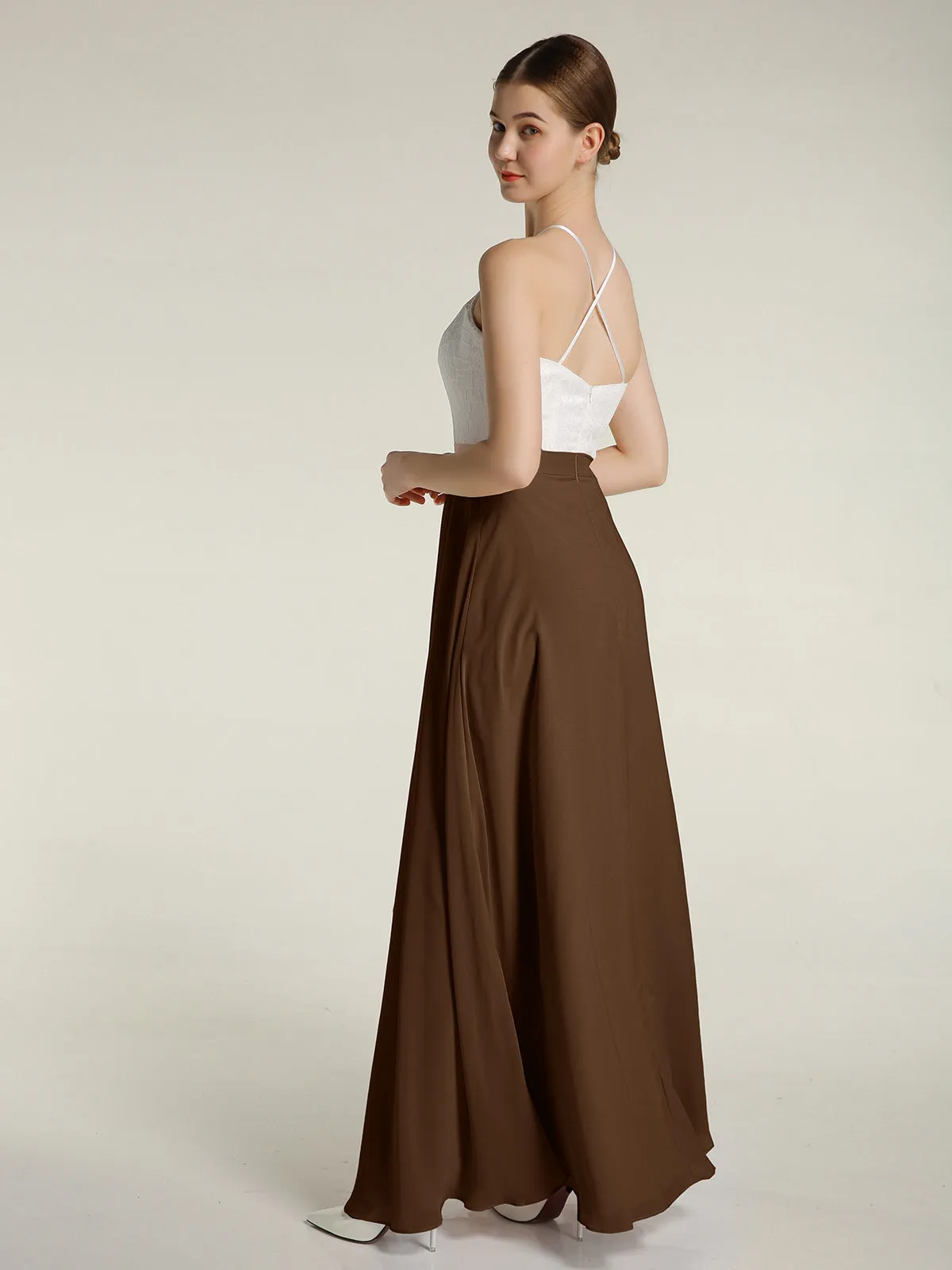 Chiffon Long Dresses with Ivory Lace Bodice-Brown Plus Size