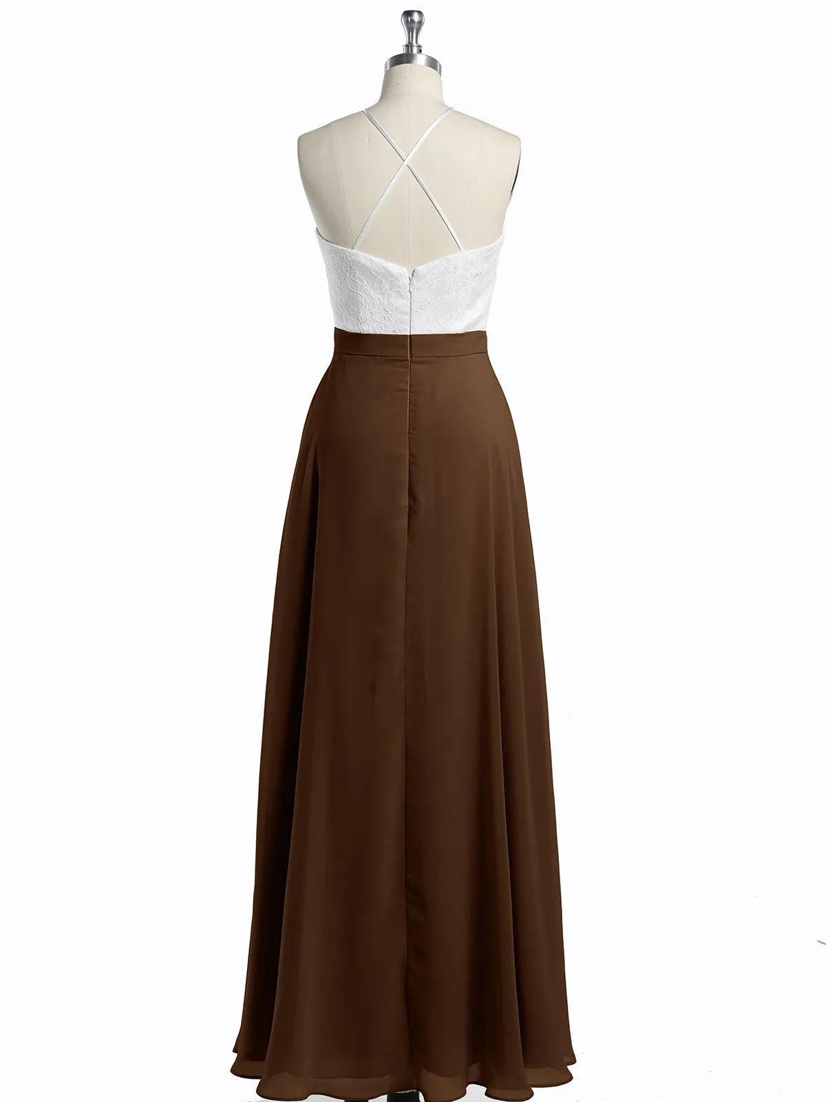 Chiffon Long Dresses with Ivory Lace Bodice-Brown Plus Size