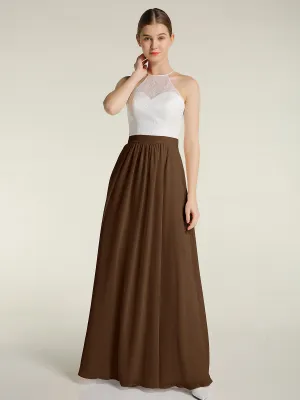 Chiffon Long Dresses with Ivory Lace Bodice-Brown Plus Size