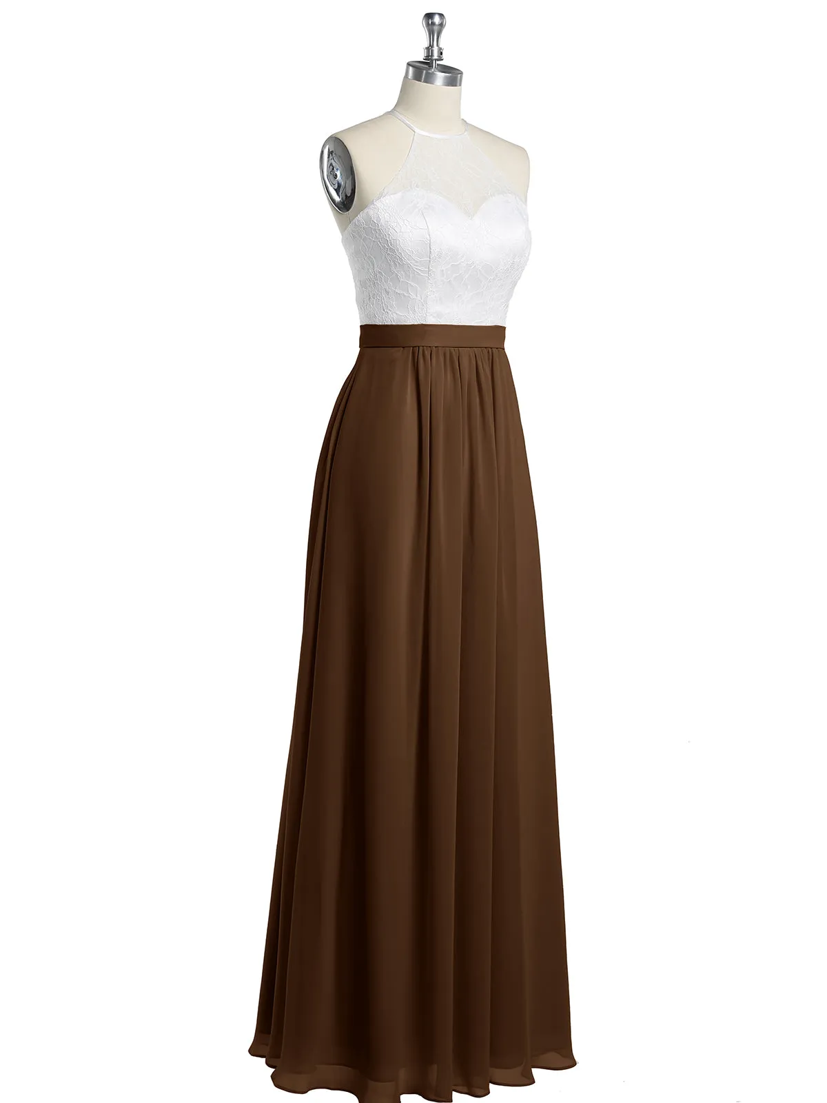 Chiffon Long Dresses with Ivory Lace Bodice-Brown Plus Size