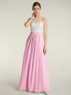 Chiffon Long Dresses with Ivory Lace Bodice-Candy Pink Plus Size