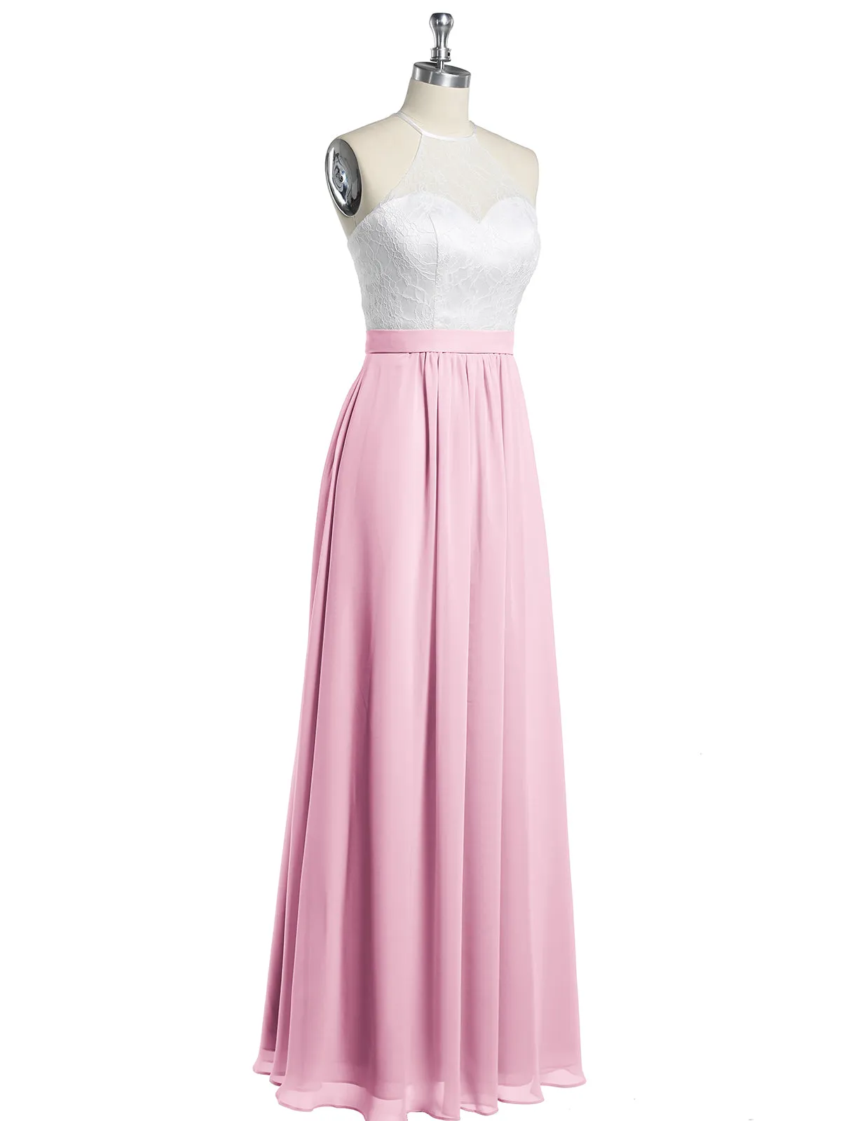 Chiffon Long Dresses with Ivory Lace Bodice-Candy Pink Plus Size