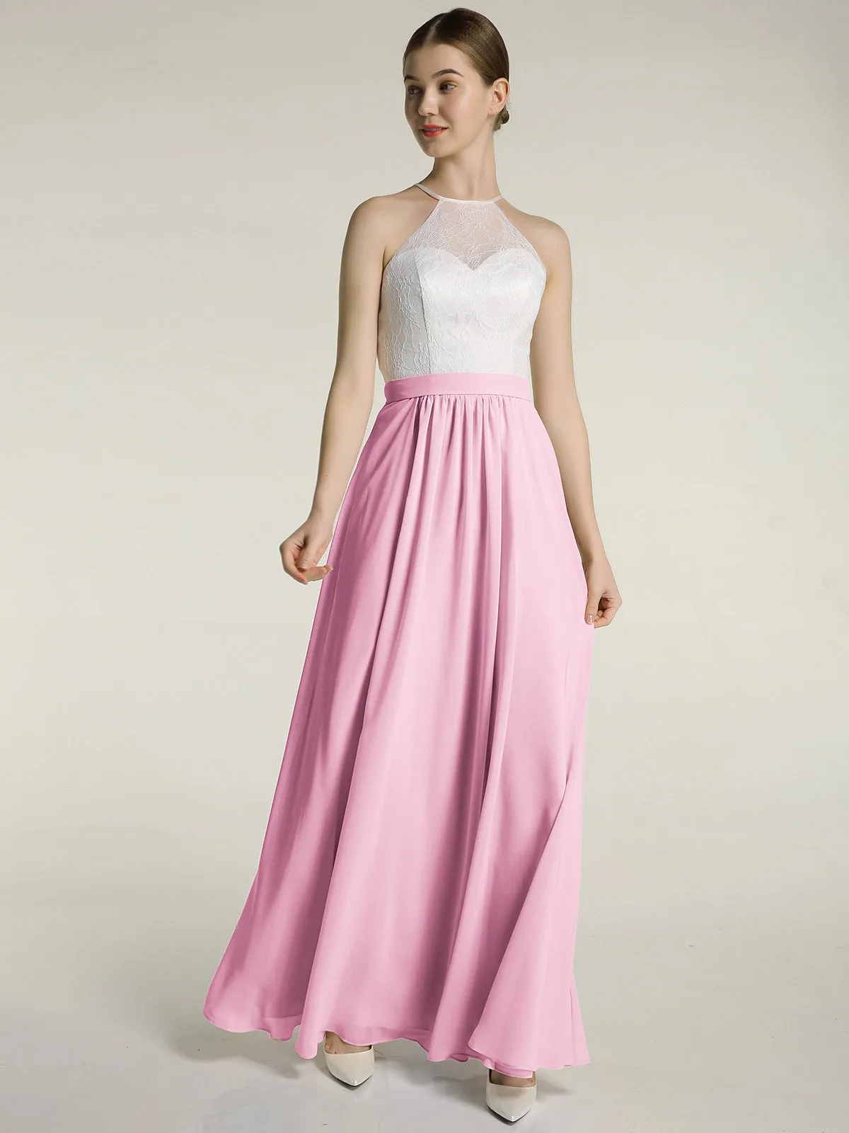 Chiffon Long Dresses with Ivory Lace Bodice-Candy Pink Plus Size