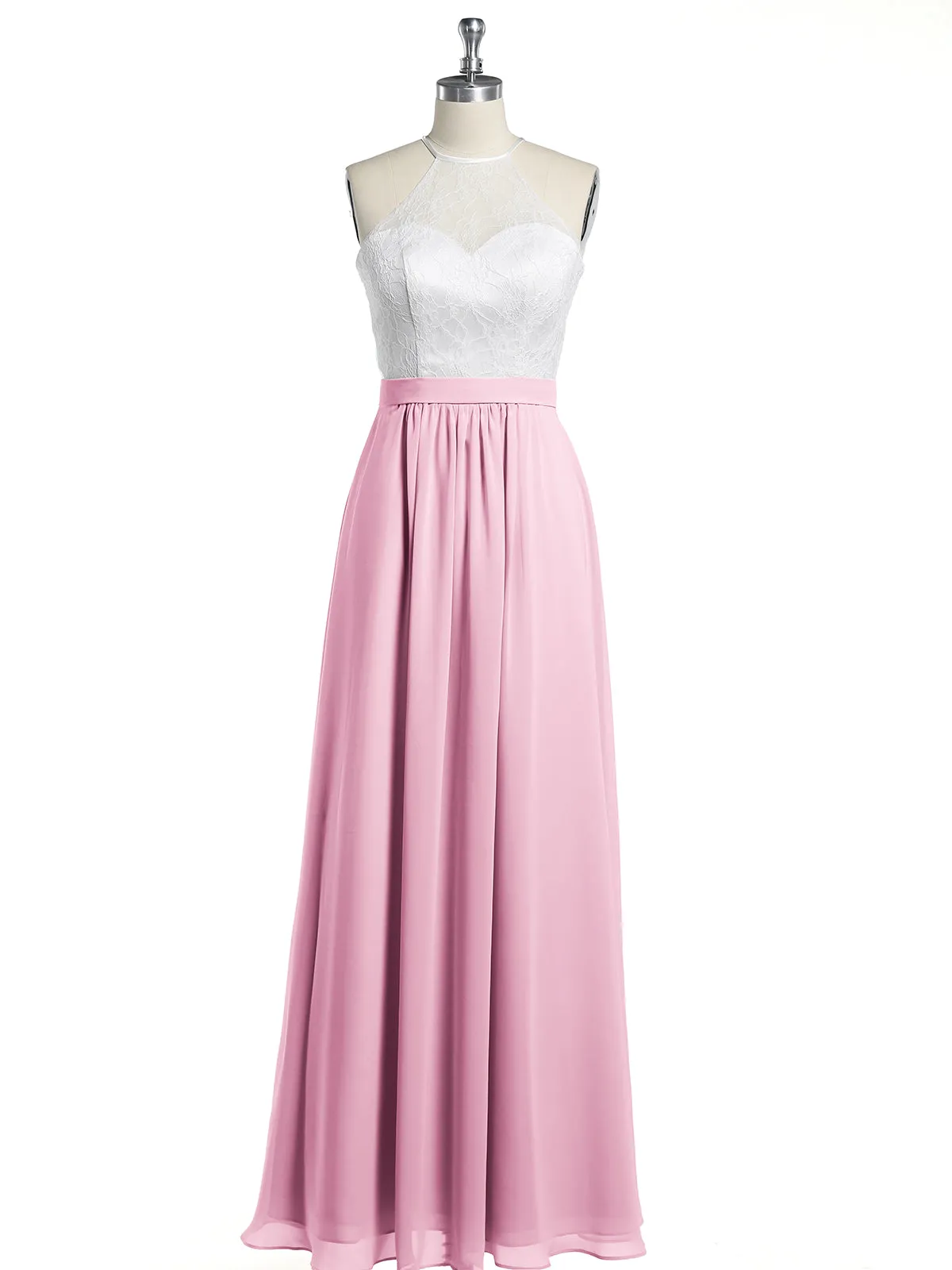 Chiffon Long Dresses with Ivory Lace Bodice-Candy Pink Plus Size