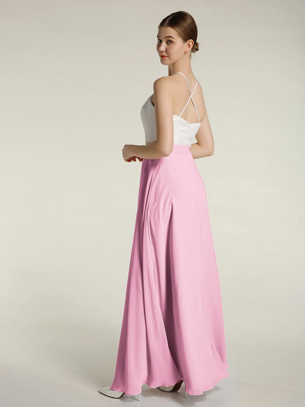 Chiffon Long Dresses with Ivory Lace Bodice-Candy Pink Plus Size