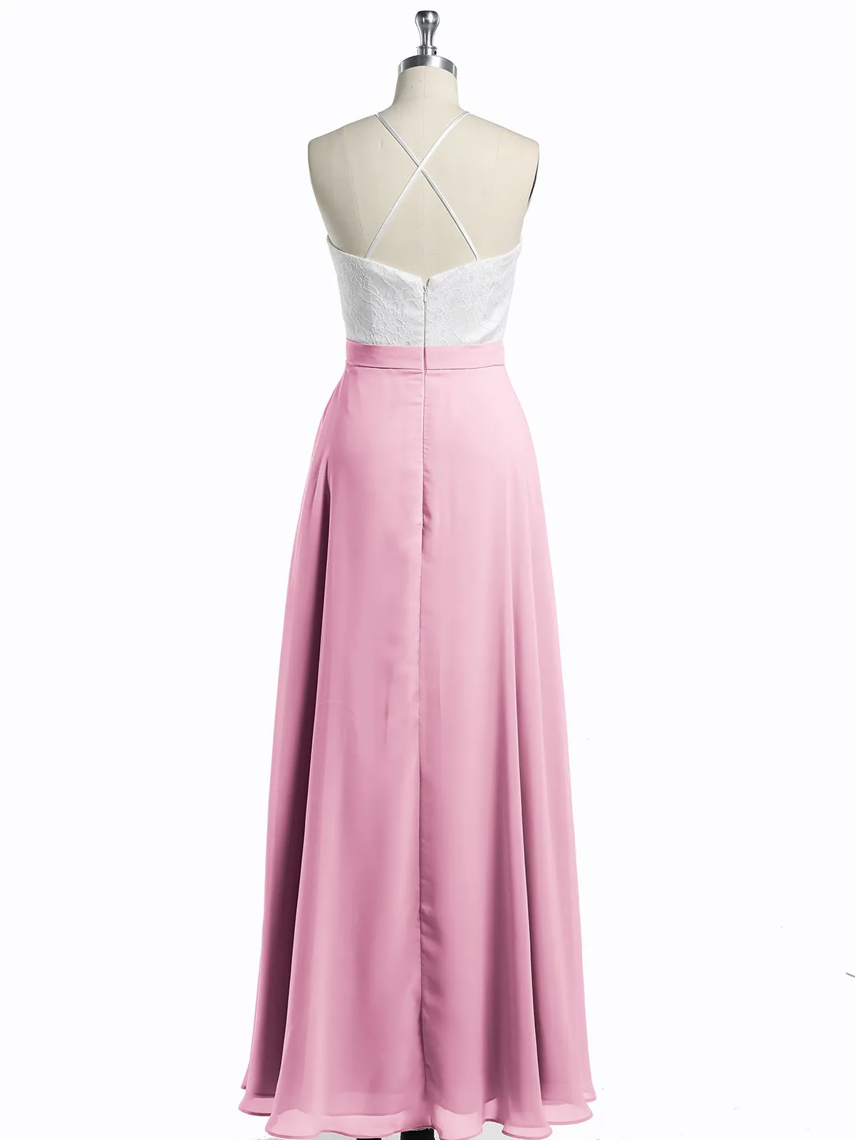 Chiffon Long Dresses with Ivory Lace Bodice-Candy Pink Plus Size