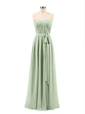 Chiffon Strapless Bridesmaid Gown with Sash-Dusty Sage