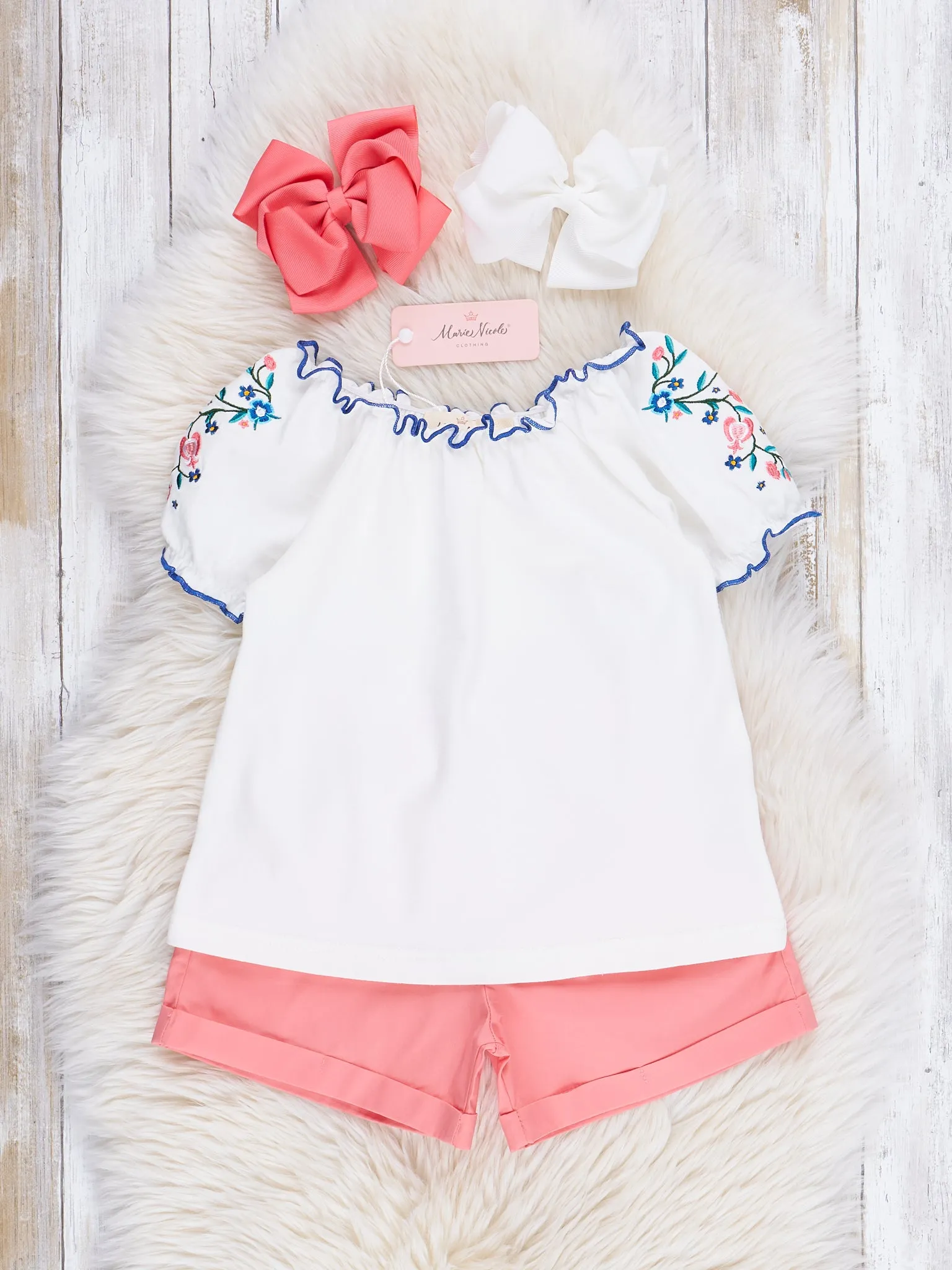 Coral Embroidered Florals Shorts Outfit