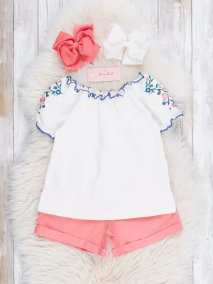 Coral Embroidered Florals Shorts Outfit