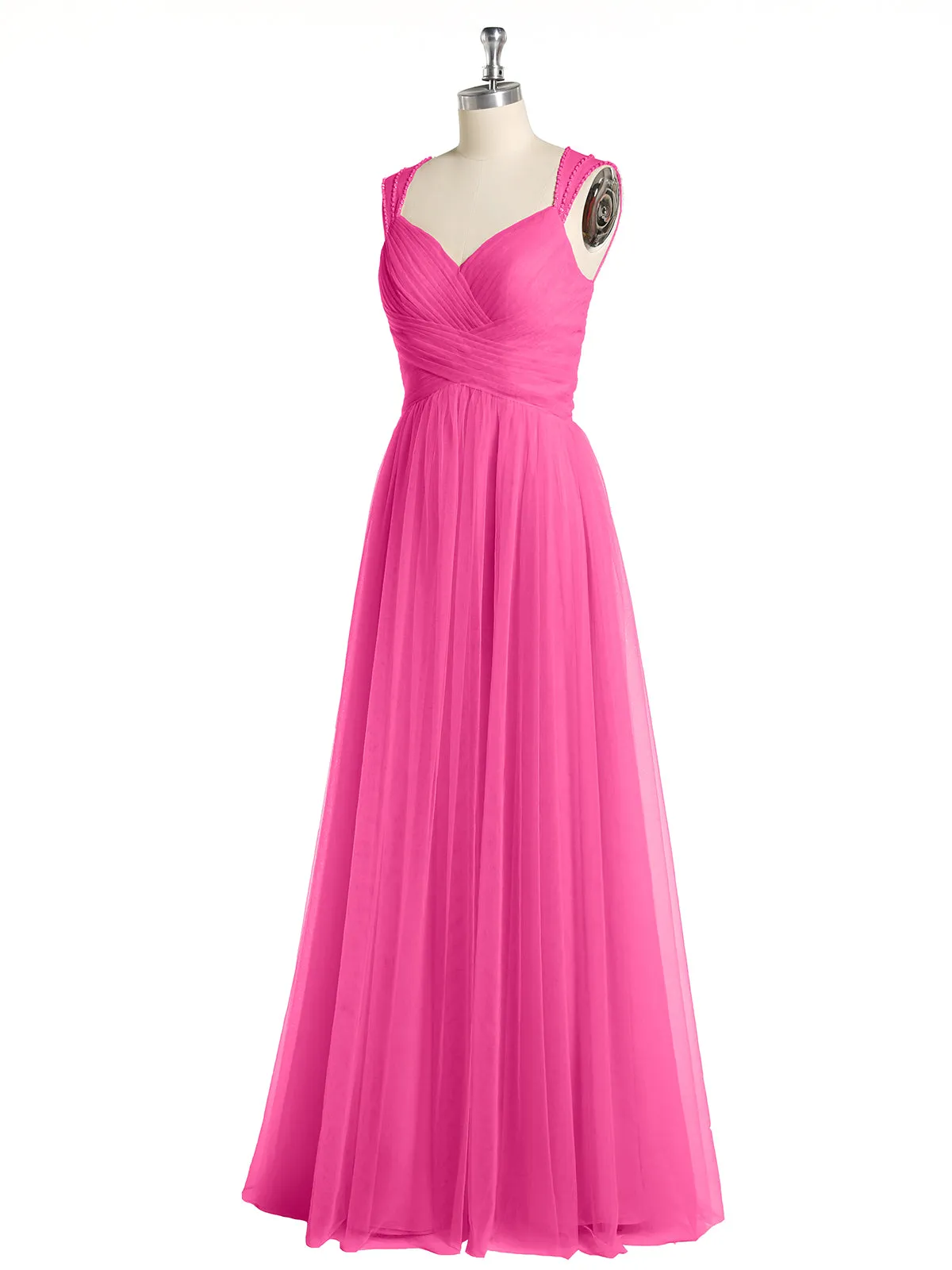 Cross-Pleated Tulle Long Dresses with Beaded Straps Azalea