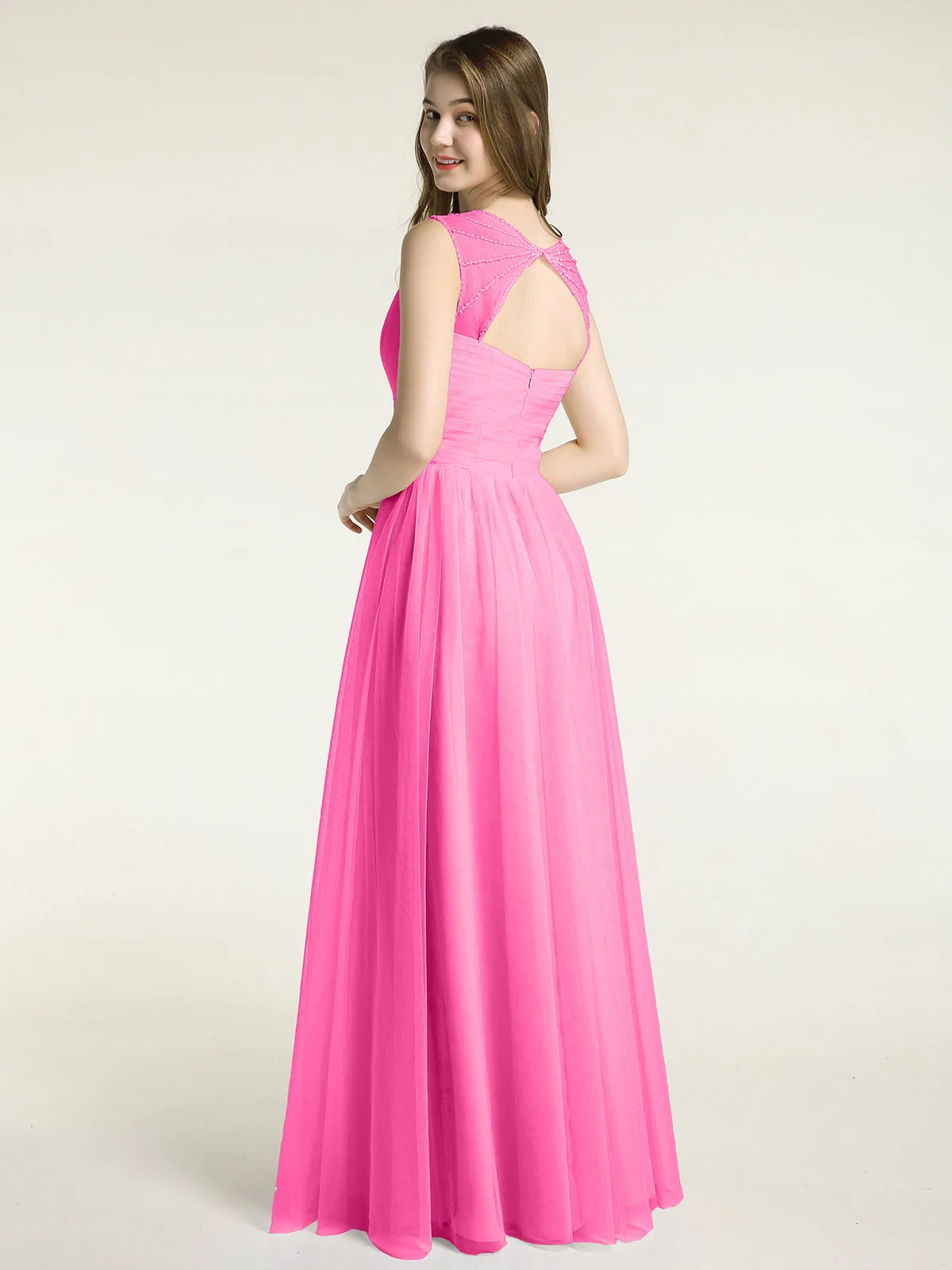 Cross-Pleated Tulle Long Dresses with Beaded Straps Azalea