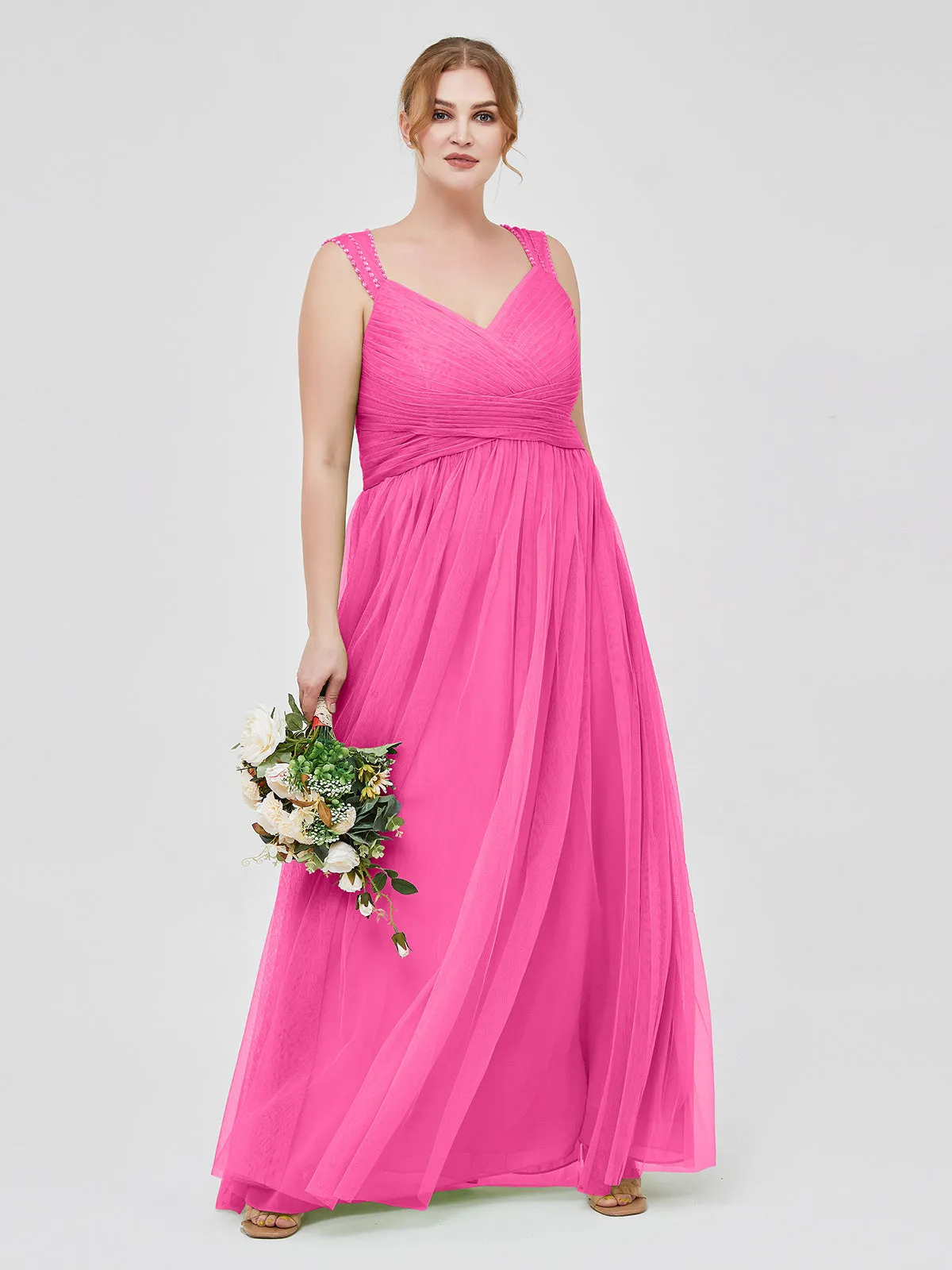 Cross-Pleated Tulle Long Dresses with Beaded Straps Azalea