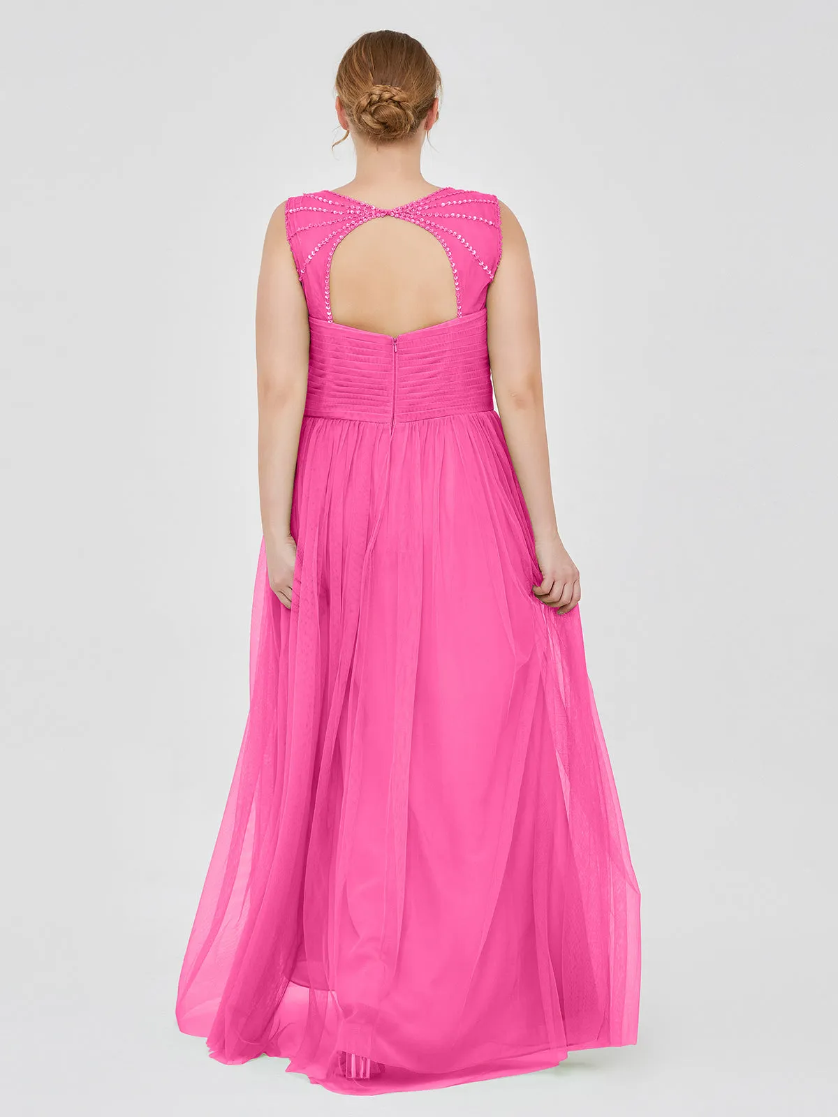 Cross-Pleated Tulle Long Dresses with Beaded Straps Azalea