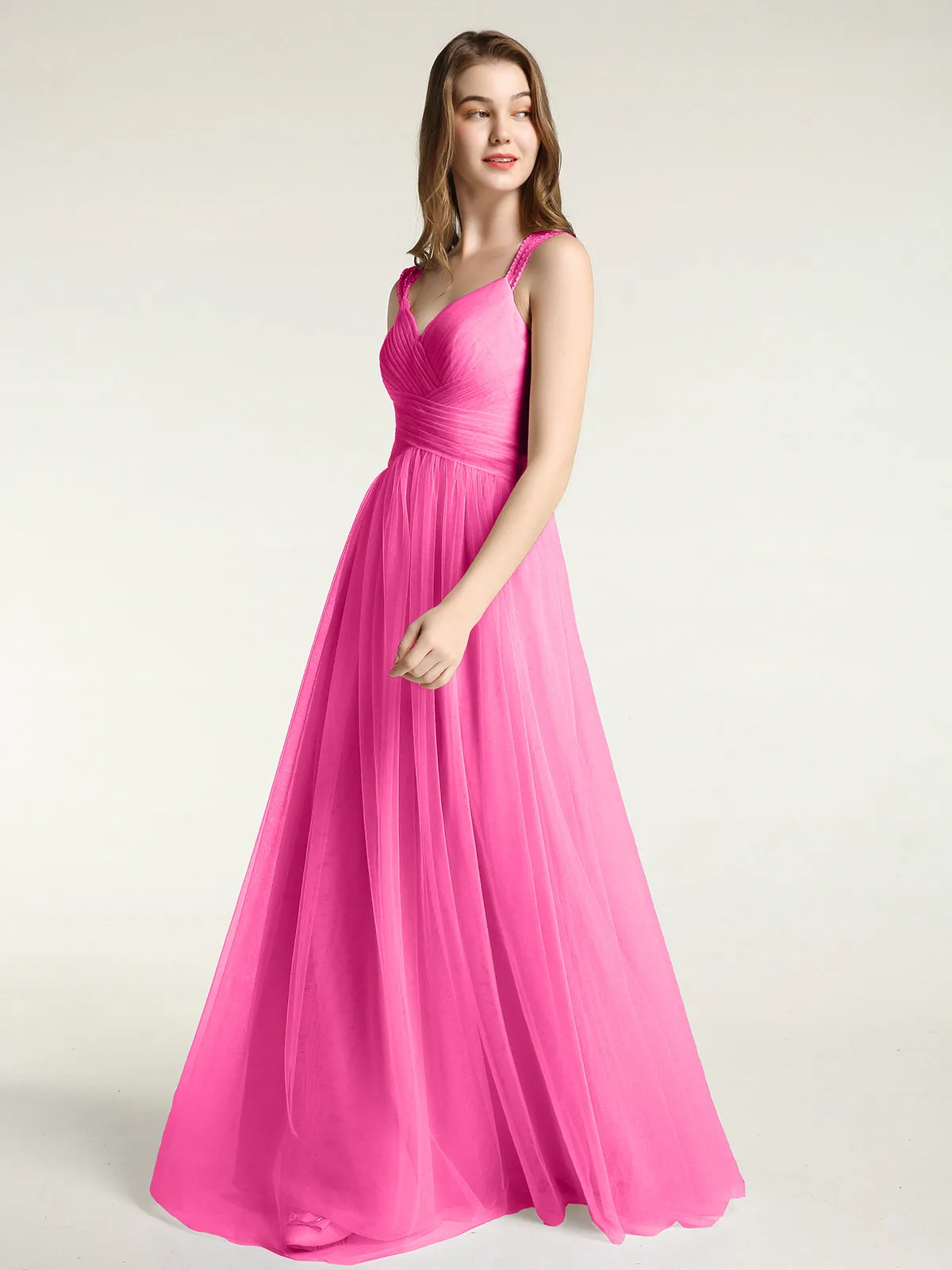 Cross-Pleated Tulle Long Dresses with Beaded Straps Azalea