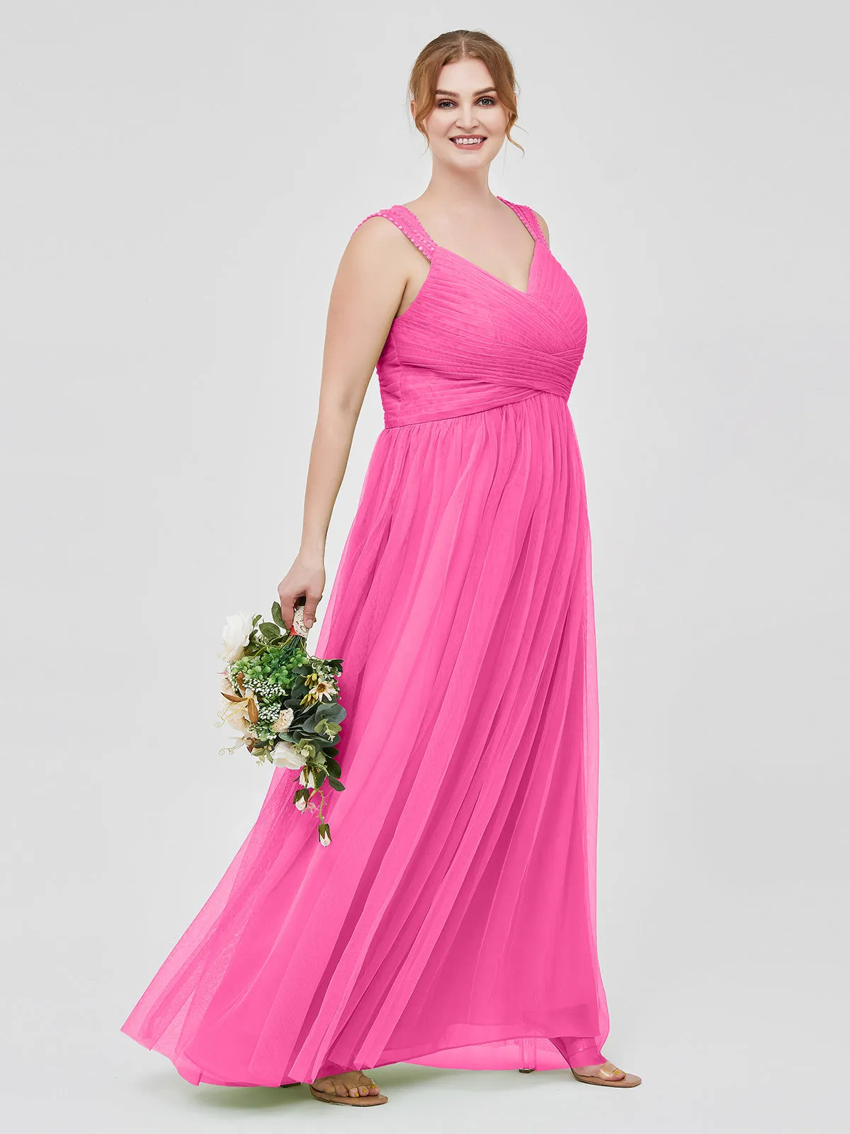 Cross-Pleated Tulle Long Dresses with Beaded Straps Azalea