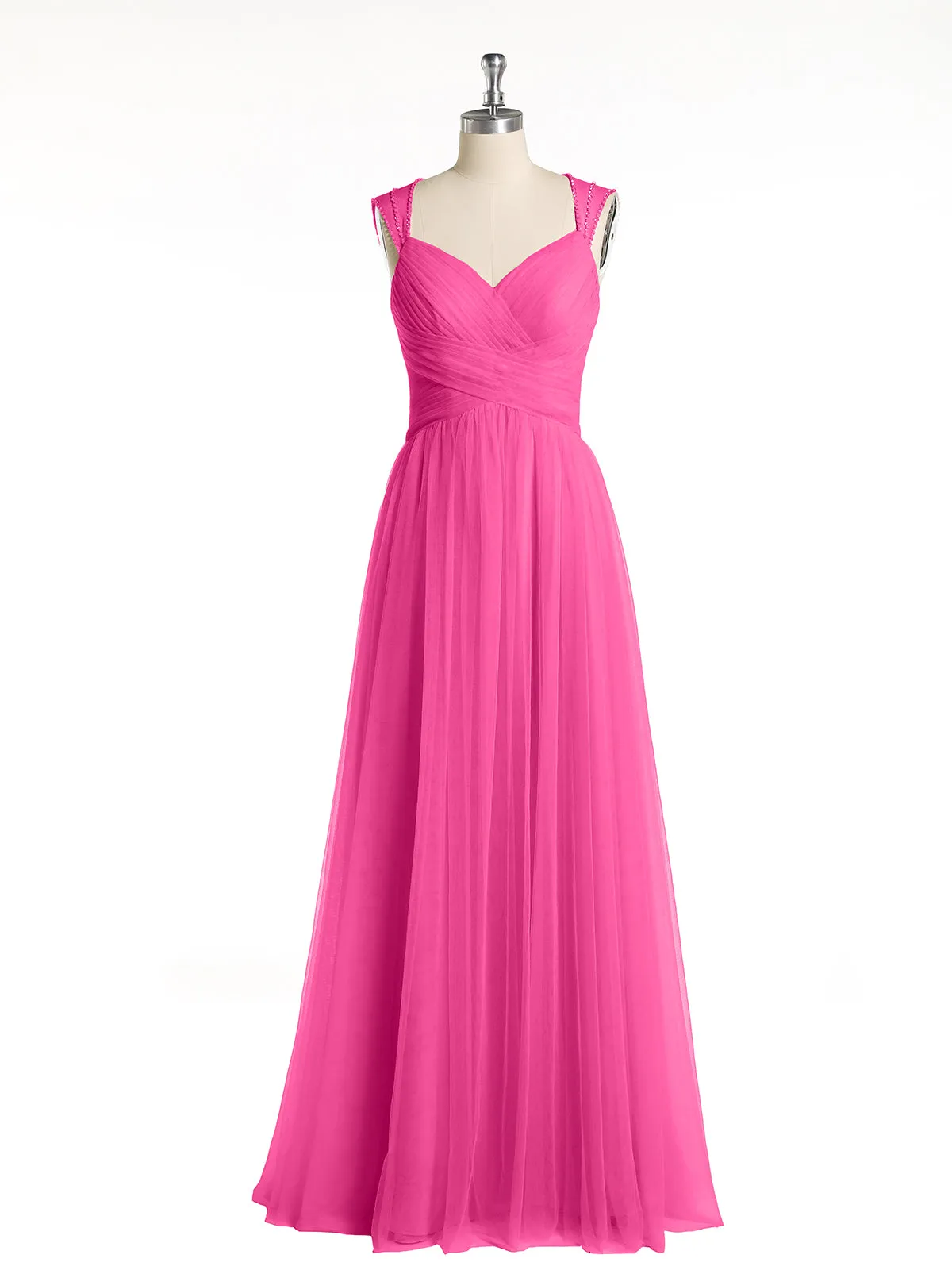 Cross-Pleated Tulle Long Dresses with Beaded Straps Azalea
