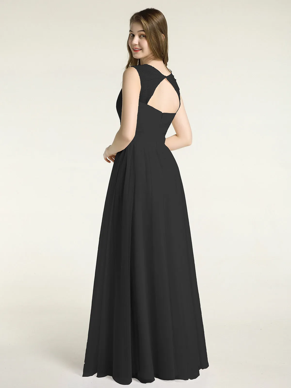 Cross-Pleated Tulle Long Dresses with Beaded Straps Black