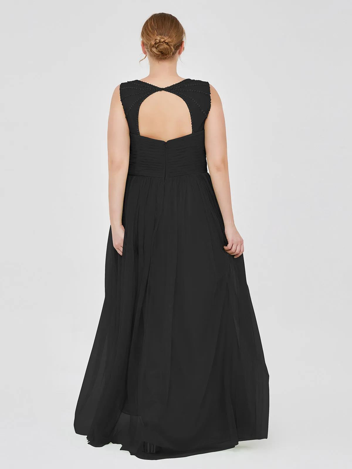 Cross-Pleated Tulle Long Dresses with Beaded Straps Black