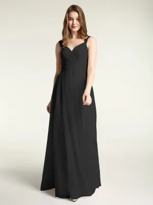 Cross-Pleated Tulle Long Dresses with Beaded Straps Black