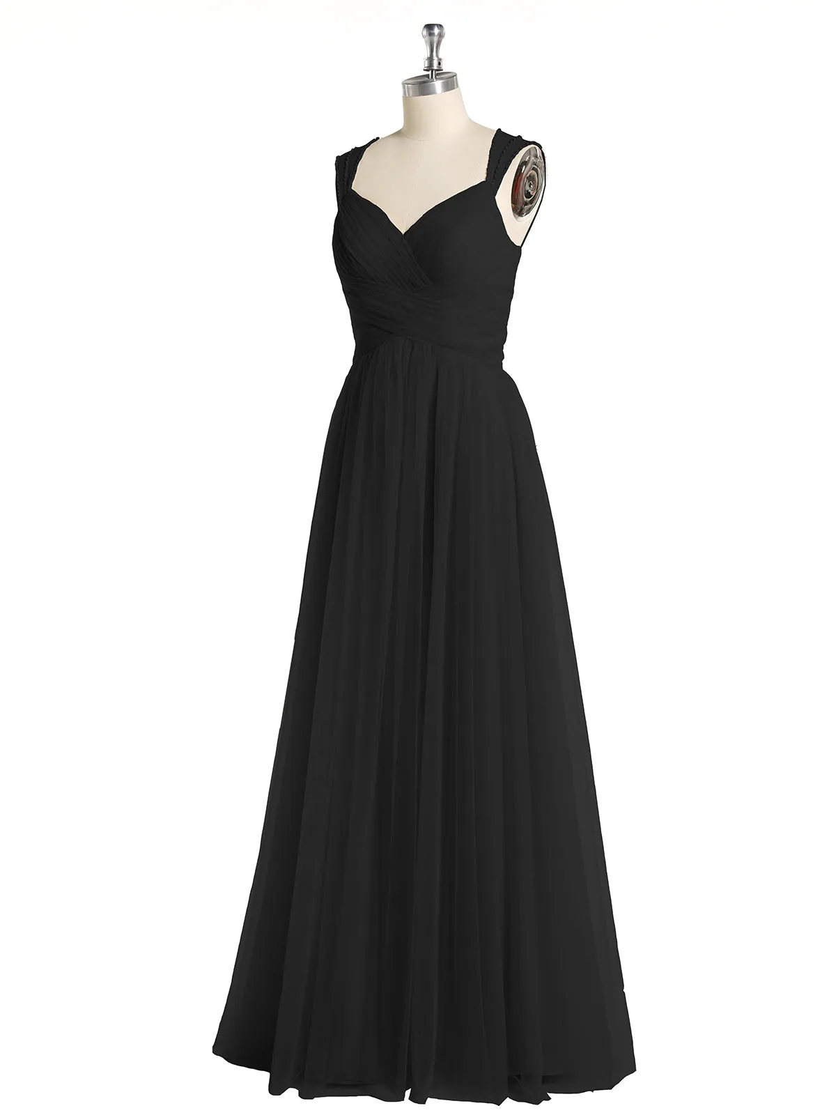 Cross-Pleated Tulle Long Dresses with Beaded Straps Black