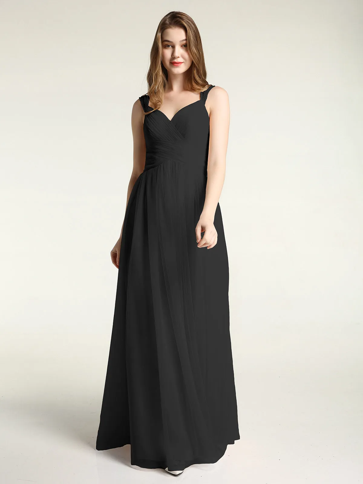 Cross-Pleated Tulle Long Dresses with Beaded Straps Black