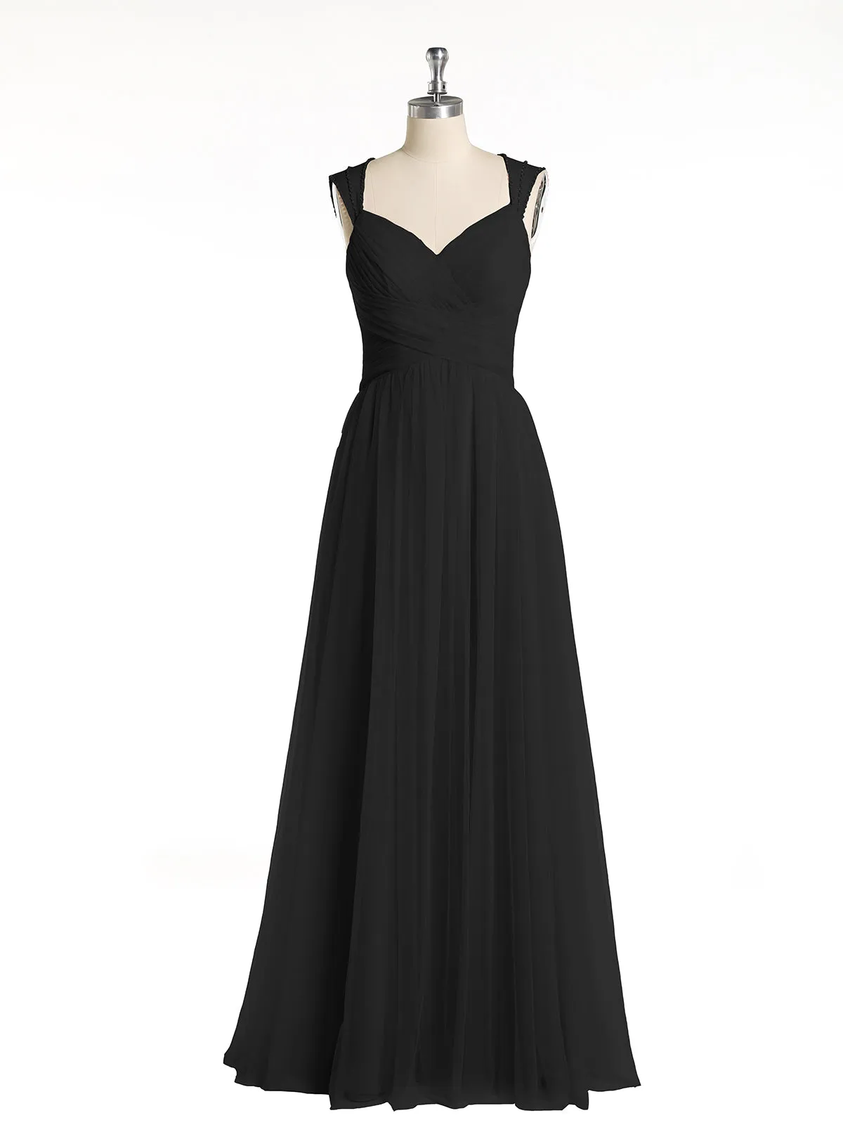 Cross-Pleated Tulle Long Dresses with Beaded Straps Black