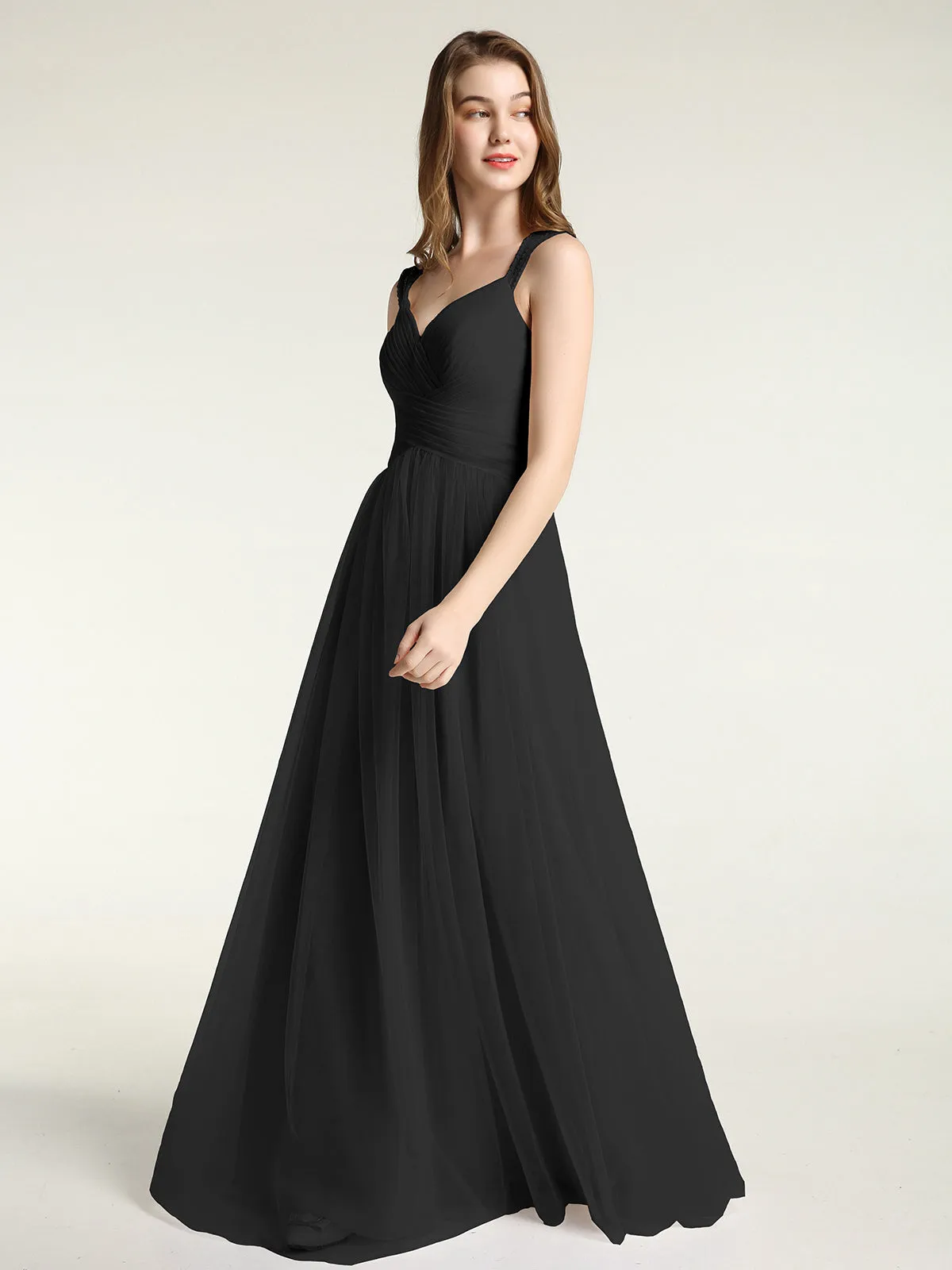 Cross-Pleated Tulle Long Dresses with Beaded Straps Black