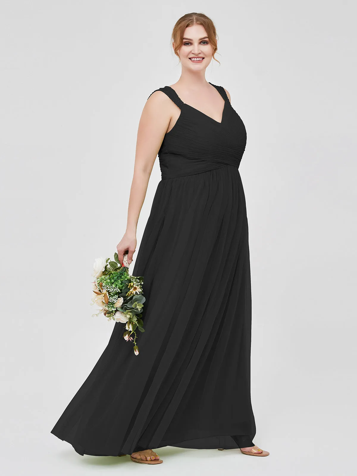 Cross-Pleated Tulle Long Dresses with Beaded Straps Black