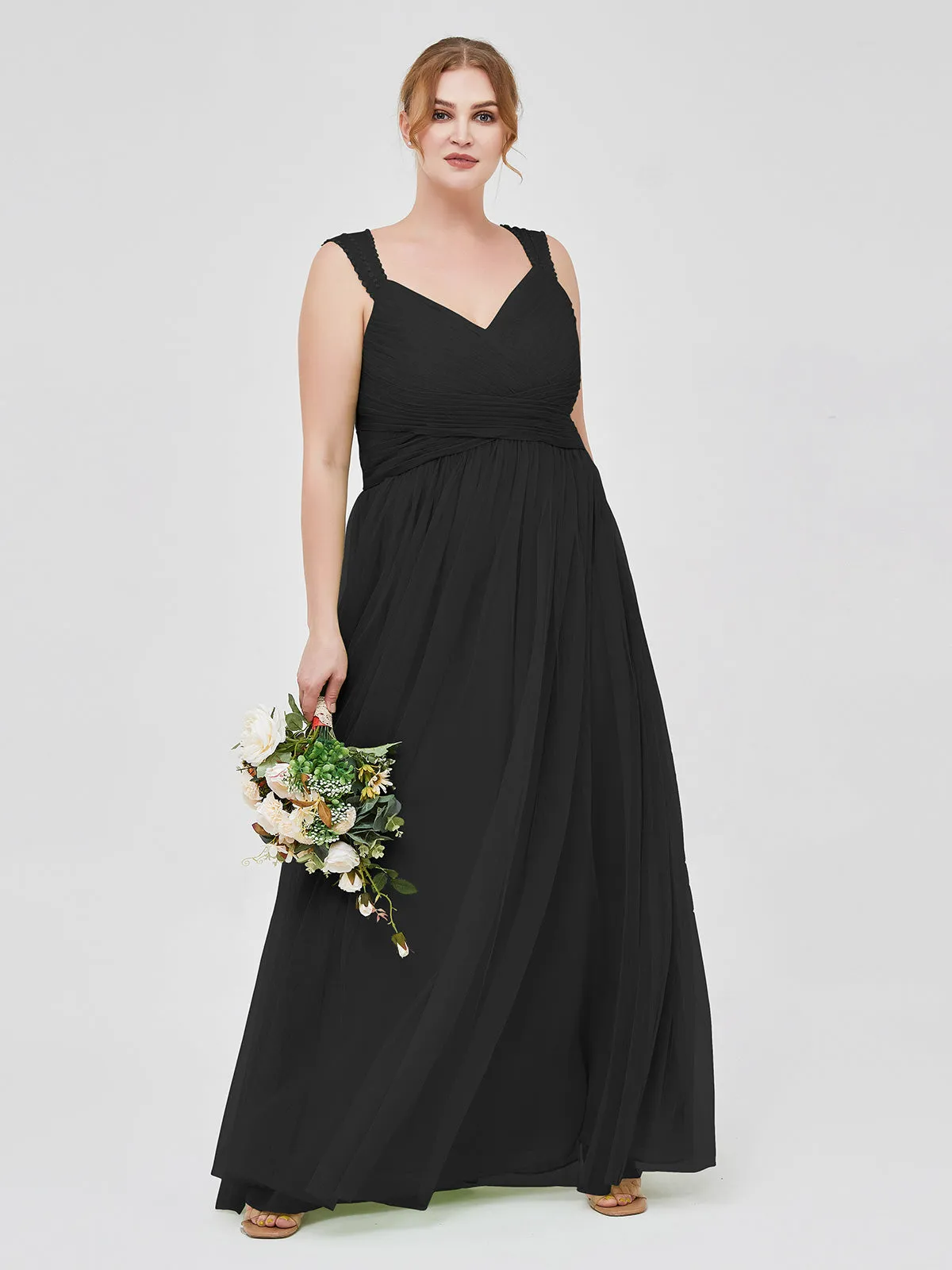 Cross-Pleated Tulle Long Dresses with Beaded Straps Black