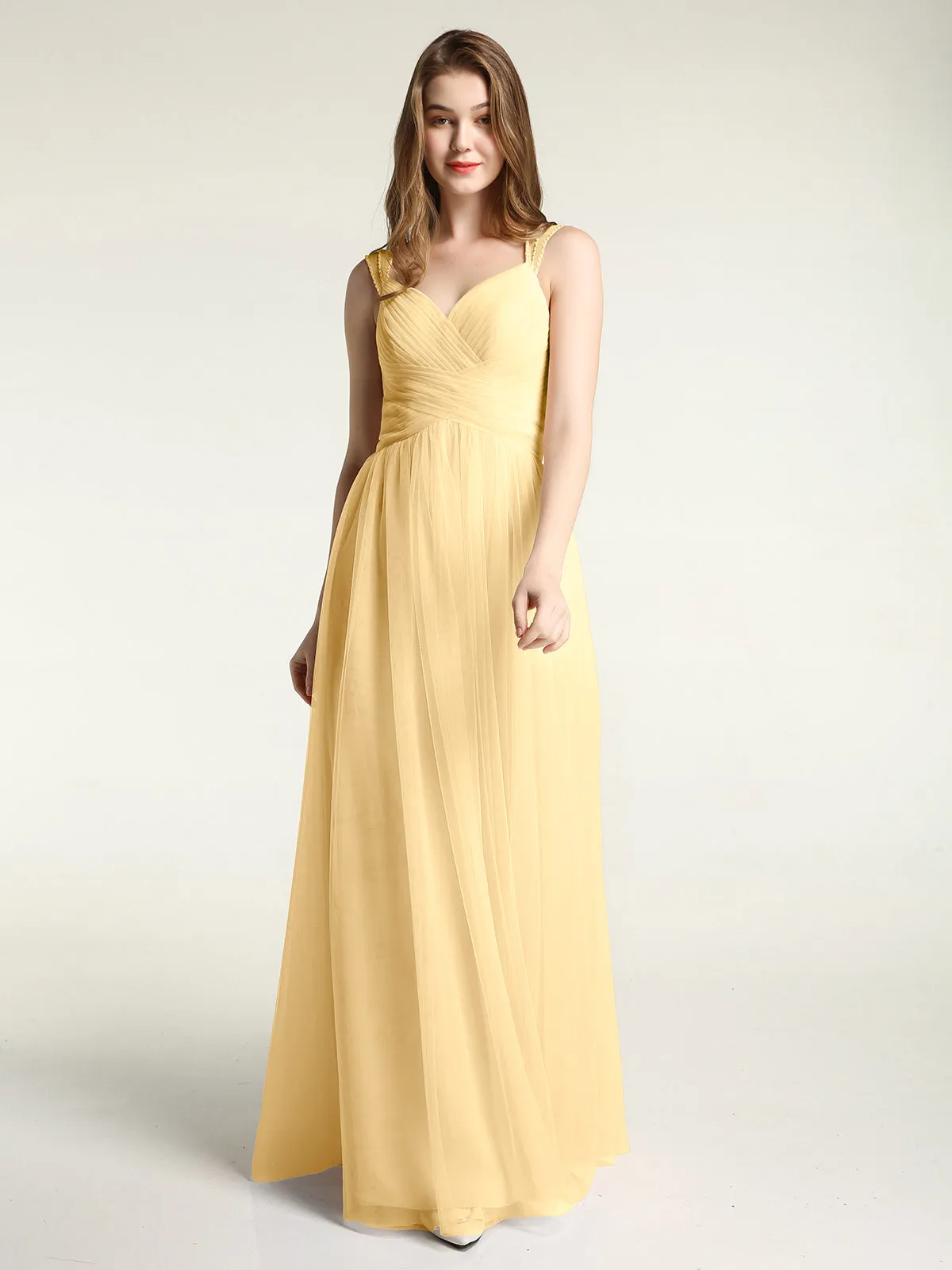 Cross-Pleated Tulle Long Dresses with Beaded Straps Gold