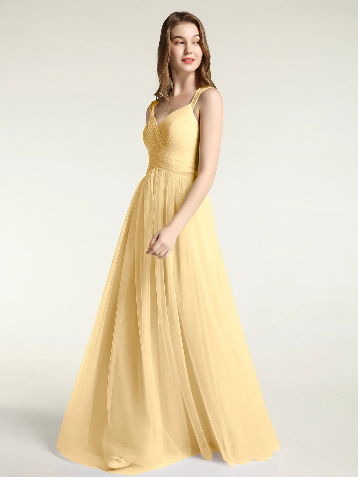 Cross-Pleated Tulle Long Dresses with Beaded Straps Gold