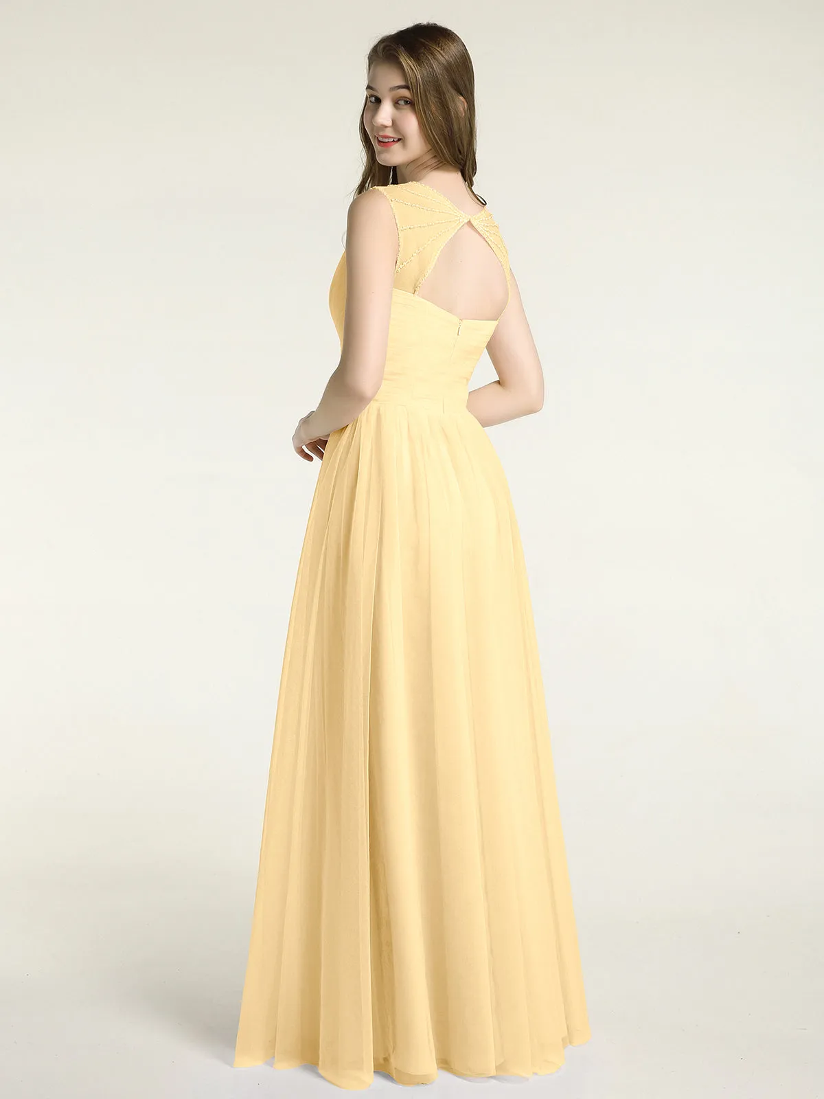 Cross-Pleated Tulle Long Dresses with Beaded Straps Gold
