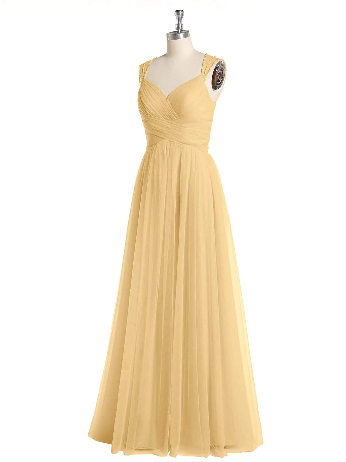 Cross-Pleated Tulle Long Dresses with Beaded Straps Gold