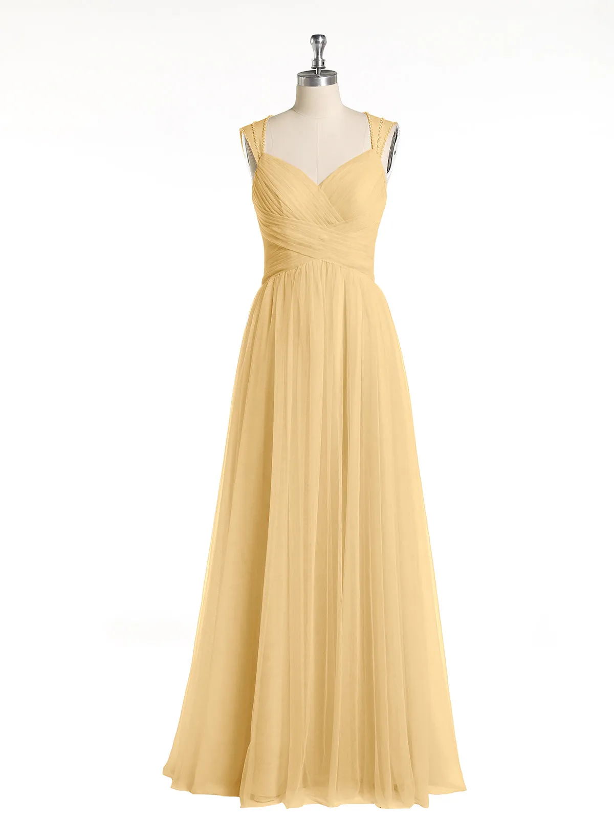 Cross-Pleated Tulle Long Dresses with Beaded Straps Gold