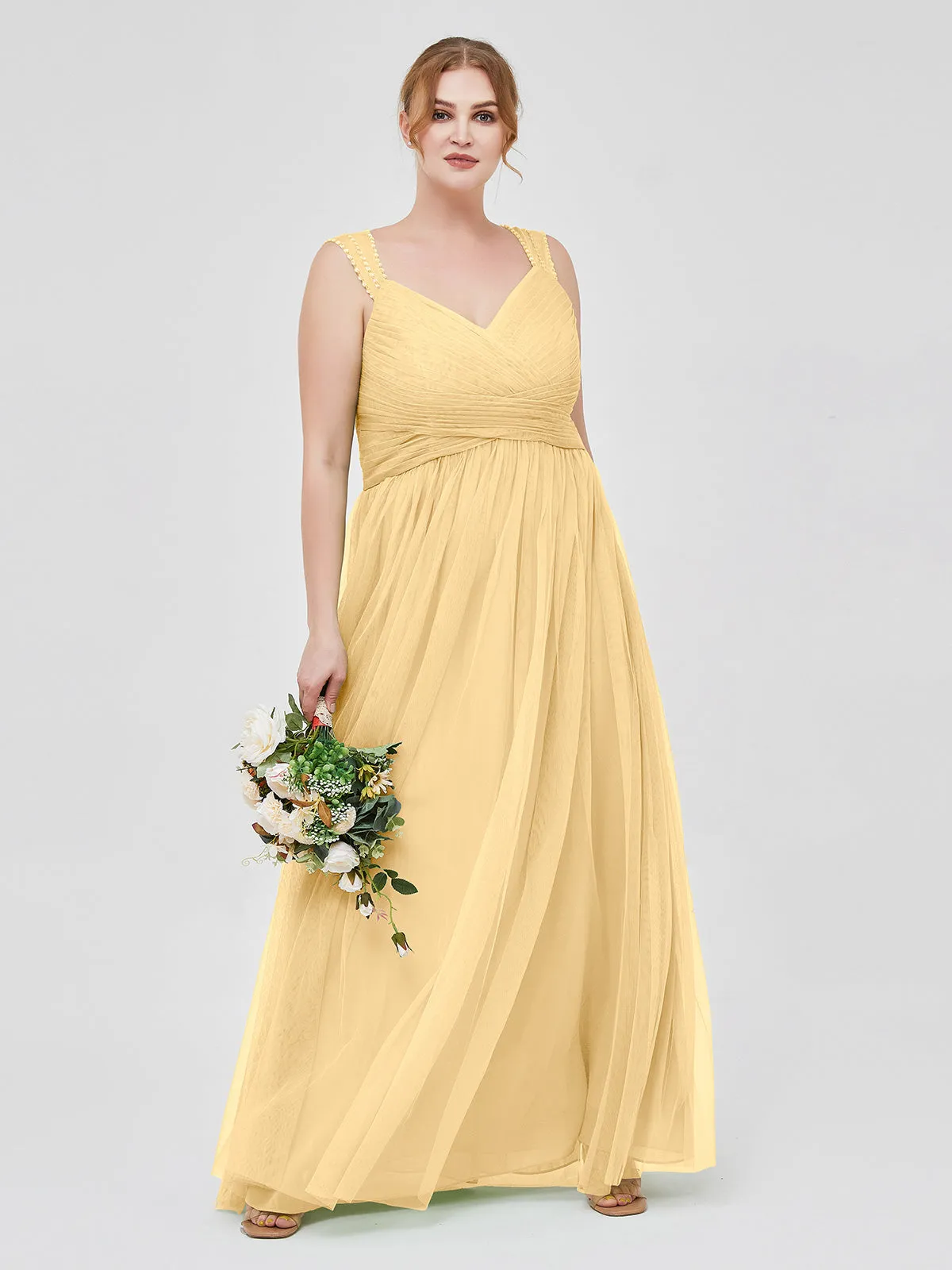 Cross-Pleated Tulle Long Dresses with Beaded Straps Gold