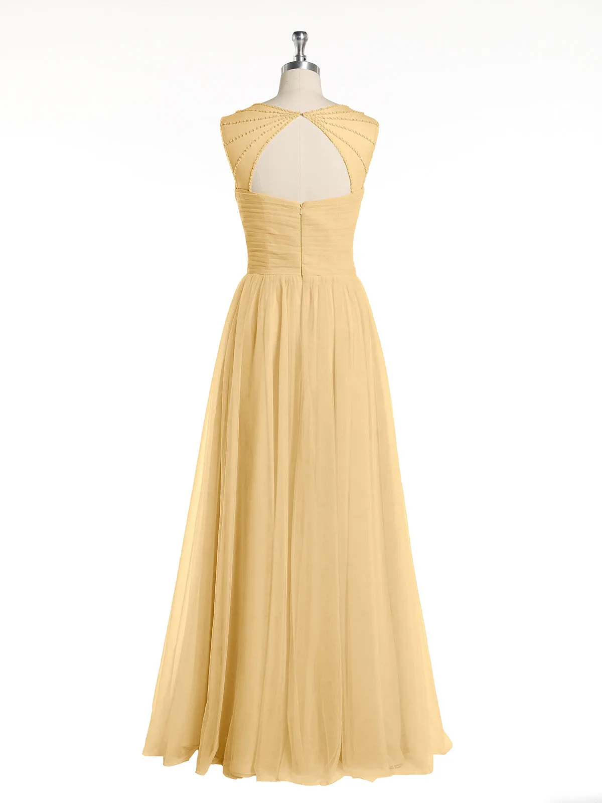 Cross-Pleated Tulle Long Dresses with Beaded Straps Gold
