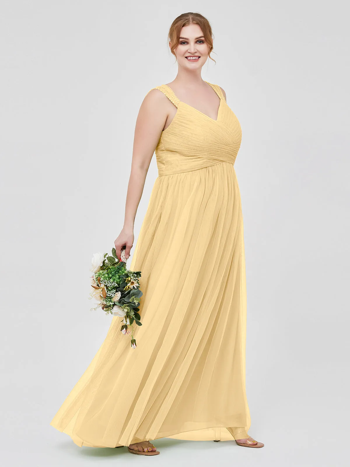 Cross-Pleated Tulle Long Dresses with Beaded Straps Gold
