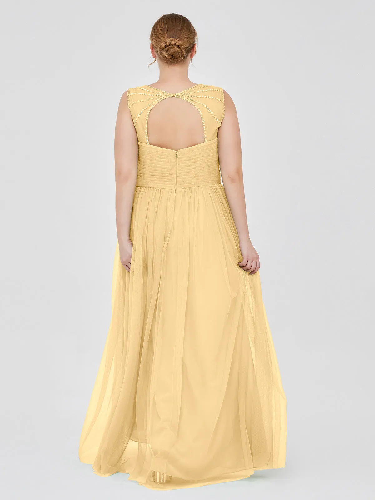 Cross-Pleated Tulle Long Dresses with Beaded Straps Gold