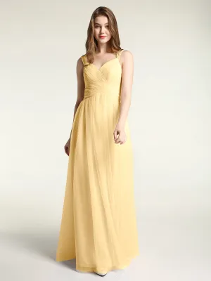 Cross-Pleated Tulle Long Dresses with Beaded Straps Gold
